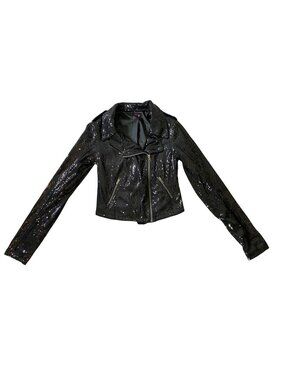 Material Girl Black Sequin Moto Jacket w/ Pockets Zips XS
